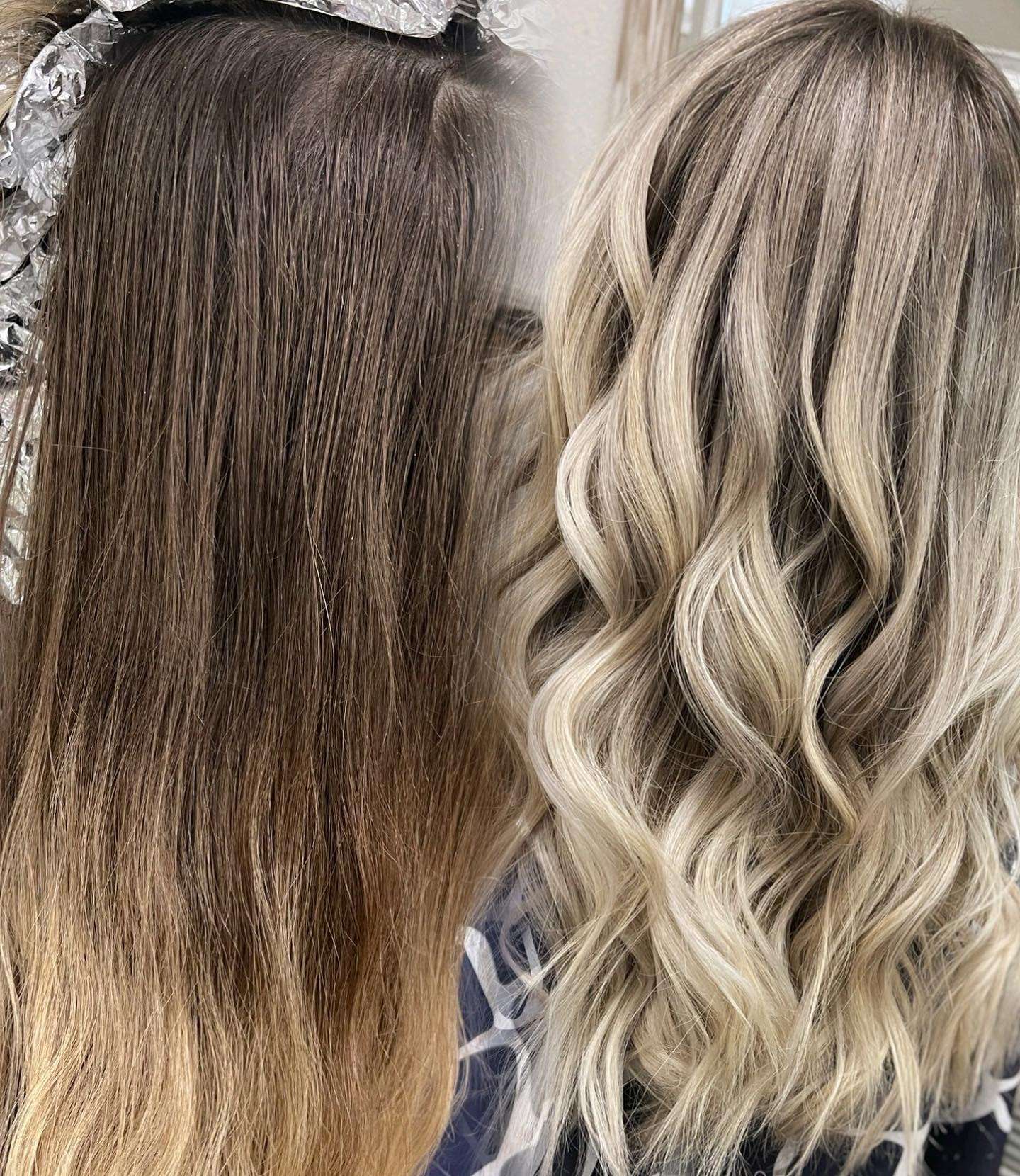 Before and after: grown-out brunette lifted to a bright dimensional blonde